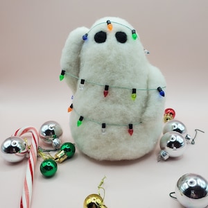 Wool Felted Ghost Tangled in Christmas Lights | Cute Christmas Figurine | Spooky Cute Ghost