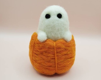 Wool Felted Ghost in a Pumpkin | Halloween Decoration
