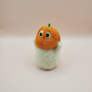 Wool Felted Ghosts with Pumpkins Halloween Decoration Set of Three Wearing a pumpkin