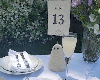 Ghost Table Number Stand | Creepy Cute Felted Wool Wedding Decoration | Handmade Halloween Party Decoration