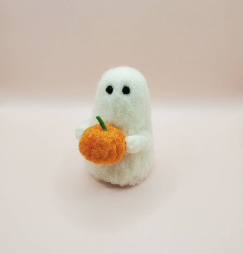 Wool Felted Ghosts with Pumpkins Halloween Decoration Set of Three Holding a Pumpkin