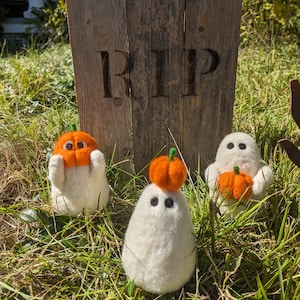 Wool Felted Ghosts with Pumpkins Halloween Decoration Set of Three Set of Three