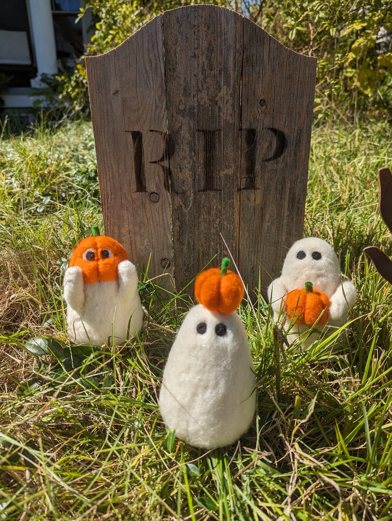 Wool Felted Ghosts with Pumpkins Halloween Decoration Set of Three Set of Three