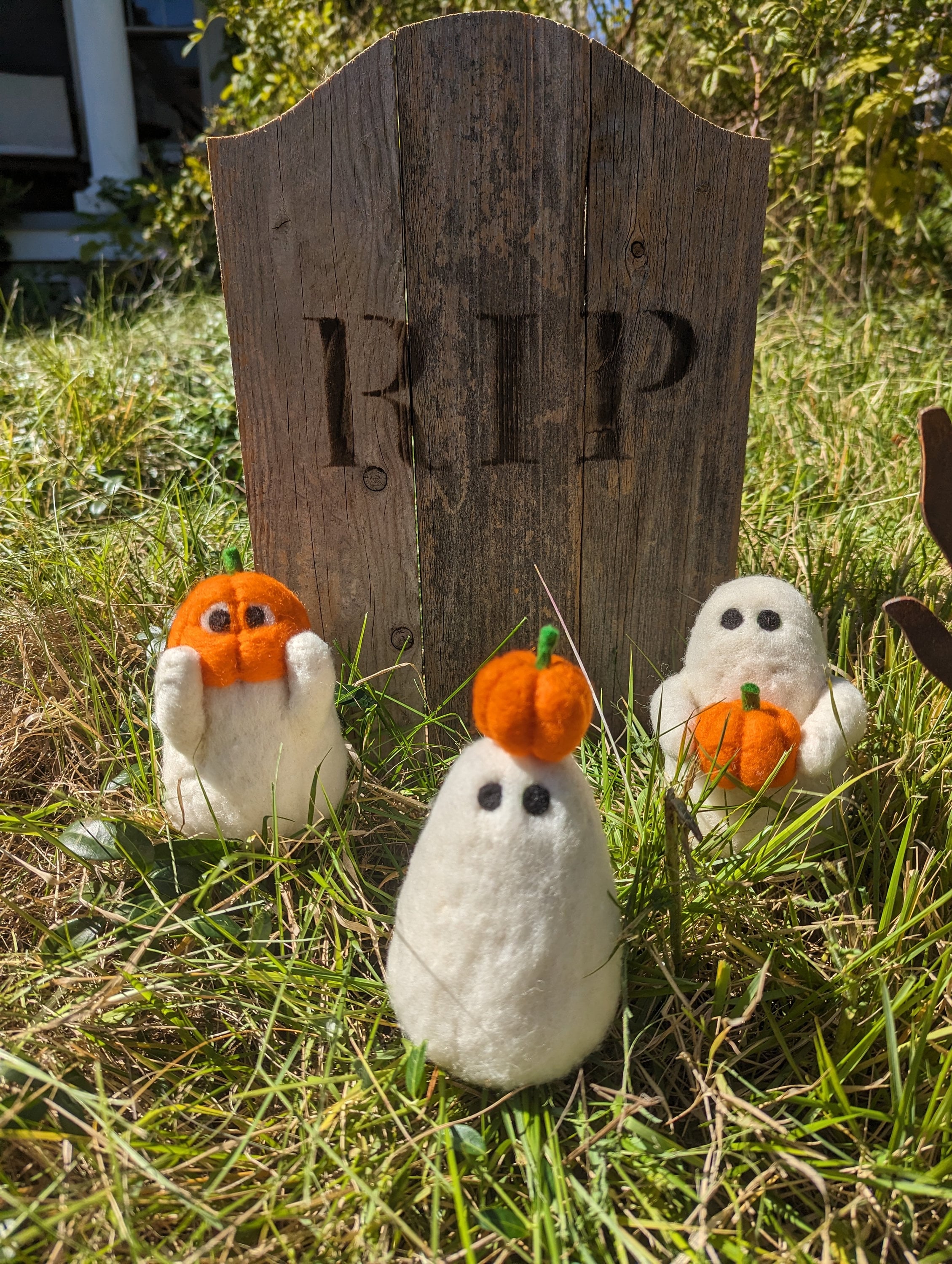 Whimsical Wool Felted Ghosts with Pumpkins | Halloween Decoration