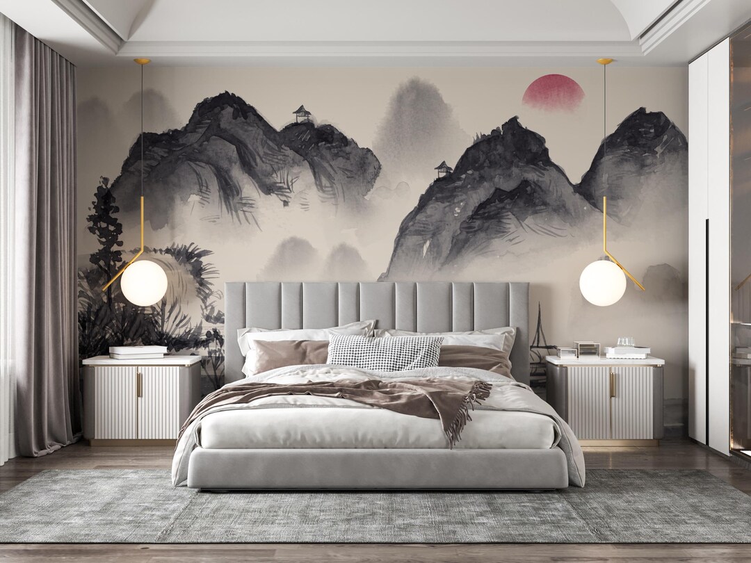 Japanese Wallpaper Living Room Decoration Asian Nature Ink - Etsy