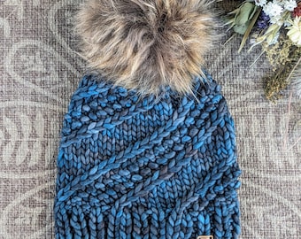 Luxury Wool Beanie | Sidewinder Beanie | Adult Hand Knit Hat | Blue Winter Cap