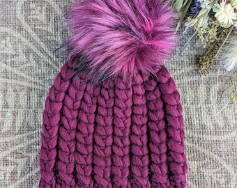 Luxury Wool Beanie | Braided Hearts Beanie | Adult Hand Knit Hat | Burgundy Winter Cap with Pom Pom