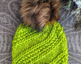 Luxury Wool Beanie | Sidewinder Beanie | Adult Hand Knit Hat | Lime Apple Green Winter Cap