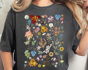 Vintage Cottagecore Shirt, Goblincore Shirt, Boho Wildflowers Shirt, Nature Shirt, Botanical Shirt, Garden Lover, Autumn Aesthetic Green
