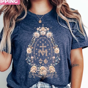 Camiseta católica mariana, camiseta de la Virgen María, regalos católicos para mujer, camiseta católica, camisetas religiosas florales para mujer, camiseta con cruz mariana