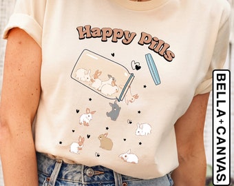 Bunnies T-Shirt, Cute Bunny Happy Pills Medicine Shirt, Rabbit Lover Shirt, Bunny Mama Shirt, Easter Day Gift For Bunny Lover, Easter Tee