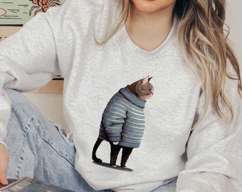 Fat Gray Cat in Sweater, Unisex Crewneck Sweatshirt, Cat Long Sleeve Shirt, Cute, Funny, Trendy, Cat Lover Gift, Pet Lover, Cotton Polyester