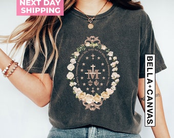 Marian Catholic T-Shirt, Virgin Mary T shirt, Catholic gifts for women, Catholic T-shirt, Marian Cross Shirt, Floral Women Religious Shirts