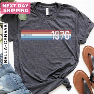 May include: Dark grey heather t-shirt with the text "ESTABLISHED 1976" in a retro design. The shirt is paired with blue jeans and brown sandals. The shirt is made of a soft material.