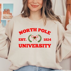 North Pole University Sweatshirt,  Christmas Hoodie, Christmas Candy Sweater, Crew Neck Sweatshirt, North Pole, Matching Family Christmas