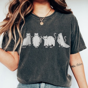 Cat Ghost Halloween Shirt, Vintage Halloween Shirt, Fall Shirts for Women, Halloween Ghost Cat Shirt, Ghost Shirt for Cat Lovers