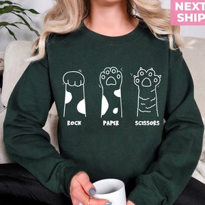 Schere Papier Sweatshirt, lustige Katze Pfoten Shirt, Unisex Rundhals Shirt für Katzenliebhaber, Katzenbesitzer Shirt, Katzenpfoten Shirts, Geschenk für Katzenmama