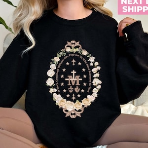 Marian Catholic Sweatshirt, Virgin Mary Shirt, Catholic Gifts for Women, Marian Cross T-Shirt, Floral Women Religious Shirts, Holiday Gifts