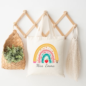 Custom Teacher Rainbow Tote Bag, Cute School Tote Bag Gift, Teacher Appreciation Bag, Teacher Thank You Gift, Personalized Teacher Gift Bag