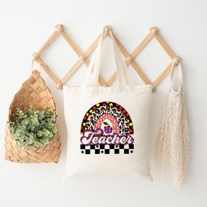 Teacher Tote Bag, Leopard Teacher Rainbow Gift, Leopard Print Cute Teacher School Tote Bag, Rainbow Teacher Tote Bags, Teacher Gift Tote Bag