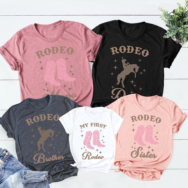 My First Rodeo Birthday Family Matching Shirt, 1st Rodeo Western Farm Theme Birthday Party Tshirt, Cowboy Cowgirl Bday Outfit Mama Daddy Tee