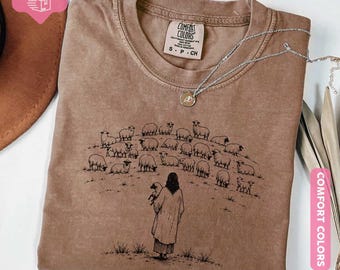 Camiseta cristiana del Buen Pastor Comfort Colors®, camiseta de Jesús y las ovejas, camiseta con versículo bíblico, camiseta religiosa para mujer, camiseta de iglesia.