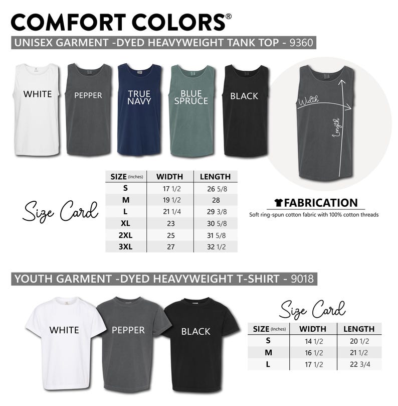 a collection of various colored t-shirts, including white, pepper, navy, blue, black, and gray. The t-shirts are displayed in different sizes and styles, such as a white, pepper, navy, blue, black, and gray. The image also includes size cards for each t-shirt, providing specific measurements for each size.