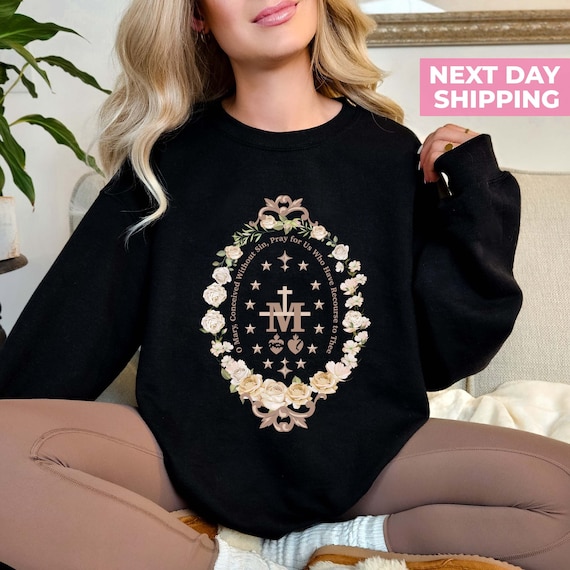 Marian Catholic Sweatshirt, Virgin Mary Shirt, Catholic Gifts for Women, Marian Cross T-Shirt, Floral Women Religious Shirts, Holiday Gifts