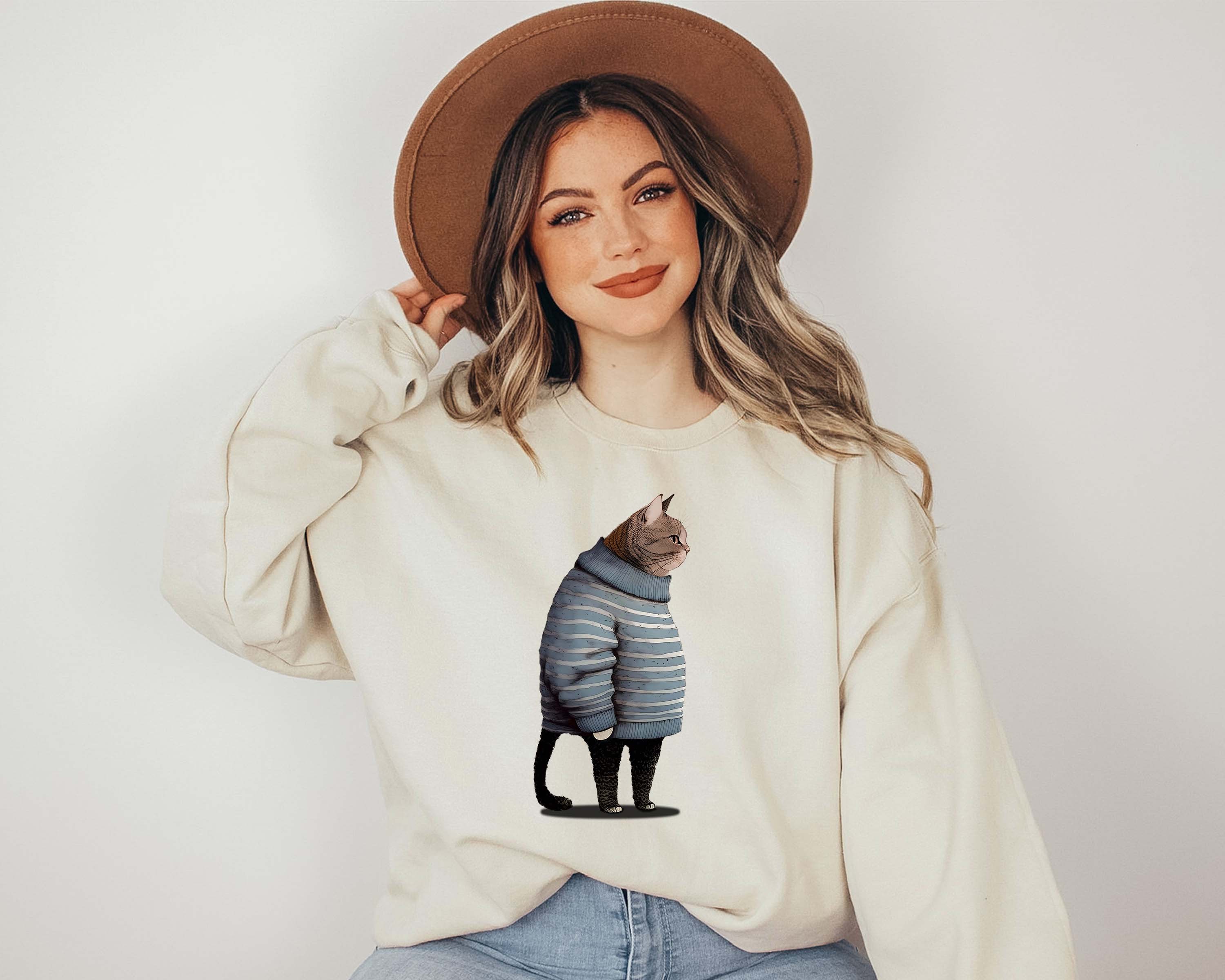 Fat Gray Cat in Sweater, Unisex Crewneck Sweatshirt, Cat Long Sleeve ...