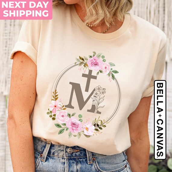 Marian Catholic T-Shirt, M & Faith Cross Shirt, Floral Women Religious Shirts, Virgin Mary Tee, Gift For Christian Girls, Assumption of Mary