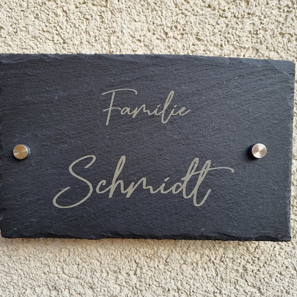 Slate door sign with engraving/laser engraving/entrance/personalized/house sign with stainless steel spacer