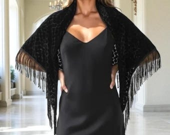 Velvet Burnout Fringe Scarf, Silk Dressy Shawl