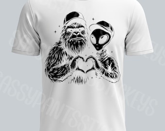 Bigfoot Alien Besties Heart Hands T-Shirt Image (PNG Download)