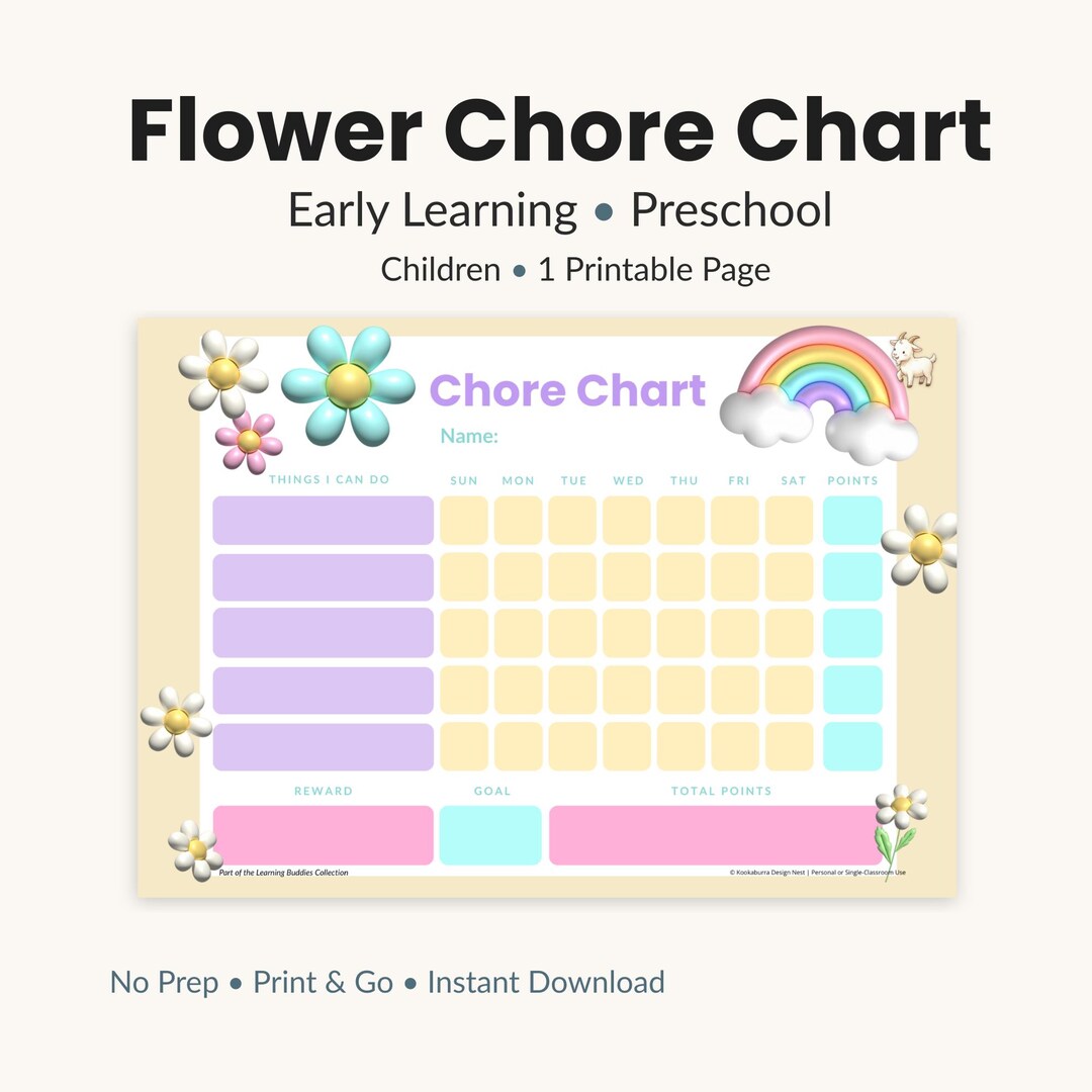 Flower Chore Chart for Kids | Ages 4–7 | 1 Printable Page | Reward ...