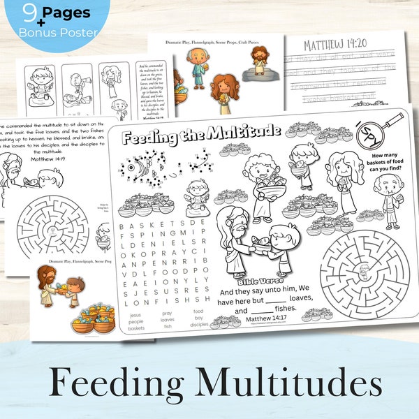 Feeding Multitudes Activity Pages! Printable! Bible Story! Bible Crafts! Sunday School! Home School! Flannelgraph teaching! Poster! Colour!