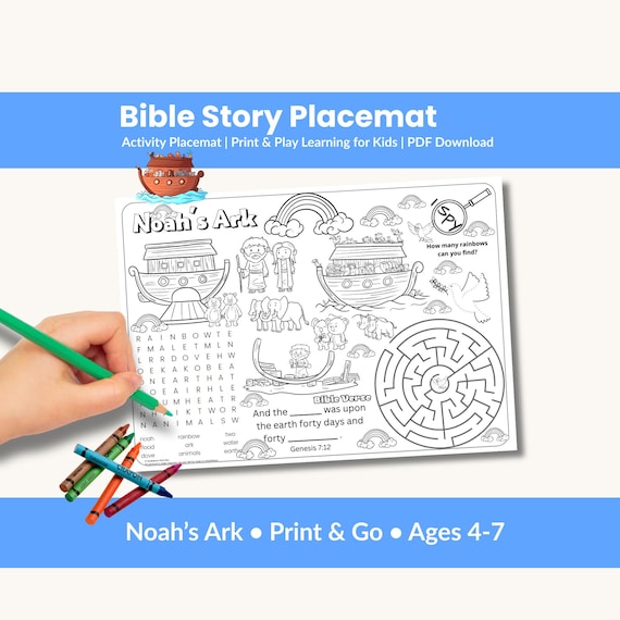 Bible Activity Placemat for Kids | Noah and the Ark Coloring Placemat | Christian Printable PDF | Sunday School Activity | Quiet Time Kids
