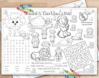 Actividad de mantel individual de Daniel y el foso de los leones, página para colorear bíblica para niños / Material imprimible cristiano para la escuela dominical o la educación en casa.