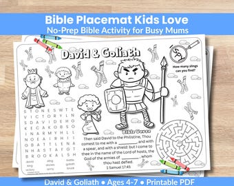 Bible Activity Placemat for Kids | David and Goliath Coloring Placemat | Christian Homeschool Printable PDF | Sunday School Craft