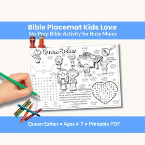 Bible Activity Placemat for Kids | Queen Esther Coloring Placemat | Christian Homeschool Printable PDF | Sunday School Craft