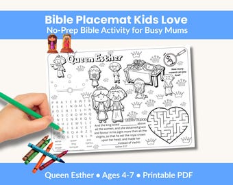 Bible Activity Placemat for Kids | Queen Esther Coloring Placemat | Christian Homeschool Printable PDF | Sunday School Craft