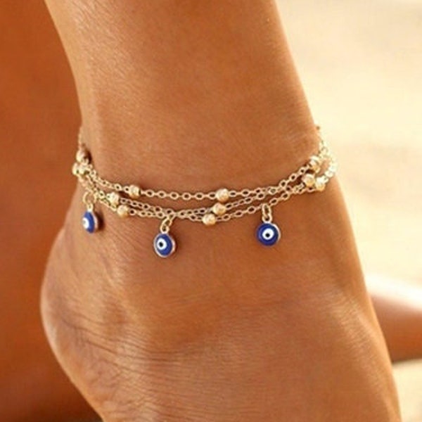 Layered Evil Eye 18K Gold Plated Anklet