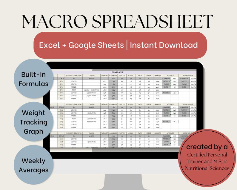 May include: A computer screen displaying a spreadsheet with the title "MACRO SPREADSHEET" and the text "Excel + Google Sheets | Instant Download". The spreadsheet has columns for "Weights Training", "Calories", "Protein", "Carbs", "Fats", "Sodium", "Average", and "Completion". The spreadsheet also includes a graph for tracking weight.
