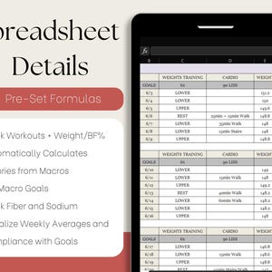 May include: A spreadsheet with a red header that says "Spreadsheet Details" and a list of features: "Pre-Set Formulas", "Track Workouts + Weight/BF%", "Automatically Calculates Calories from Macros", "Set Macro Goals", "Track Fiber and Sodium", "Visualize Weekly Averages and Compliance with Goals". The spreadsheet is divided into columns with headings: "Goals", "Weights Training", "Cardio", "Weight", and "Calories".