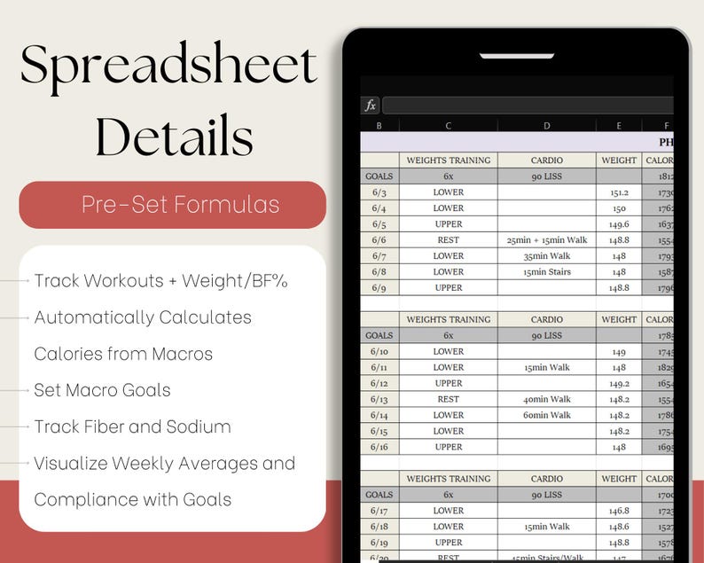 May include: A spreadsheet with a red header that says "Spreadsheet Details" and a list of features: "Pre-Set Formulas", "Track Workouts + Weight/BF%", "Automatically Calculates Calories from Macros", "Set Macro Goals", "Track Fiber and Sodium", "Visualize Weekly Averages and Compliance with Goals". The spreadsheet is divided into columns with headings: "Goals", "Weights Training", "Cardio", "Weight", and "Calories".