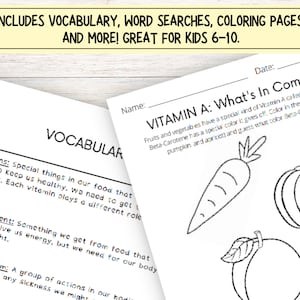 May include: Black and white colouring page with the title "Vitamin A: What's in Common?"  The page includes a carrot, a peach, and a pumpkin. The text explains that fruits and vegetables have a special kind of vitamin A called Beta-Carotene.  The text asks the user to colour the foods and guess what colour Beta-Carotene is.