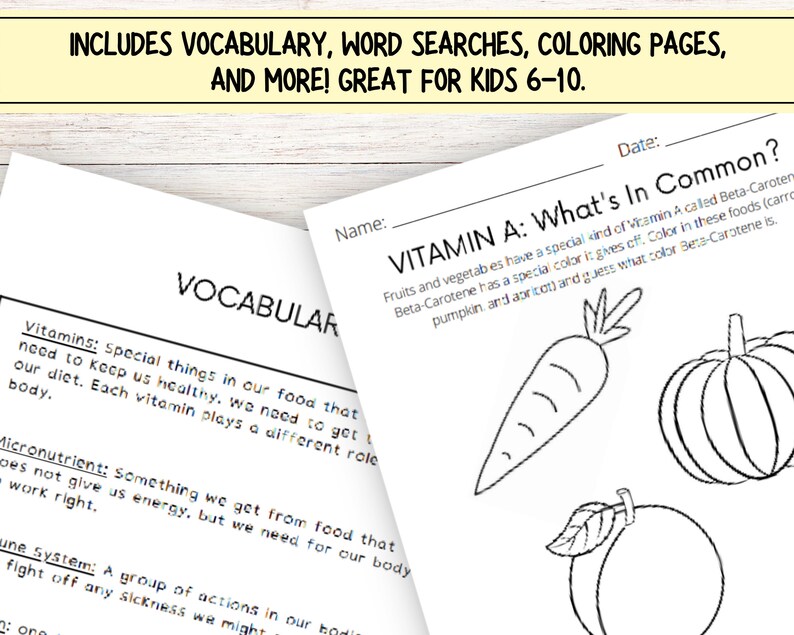 May include: Black and white colouring page with the title "Vitamin A: What's in Common?"  The page includes a carrot, a peach, and a pumpkin. The text explains that fruits and vegetables have a special kind of vitamin A called Beta-Carotene.  The text asks the user to colour the foods and guess what colour Beta-Carotene is.