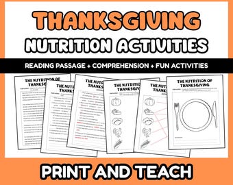 Thanksgiving Nutrition Worksheets | Reading Passage, Comprehension, & Activities | Fall Themed Printable for Kids