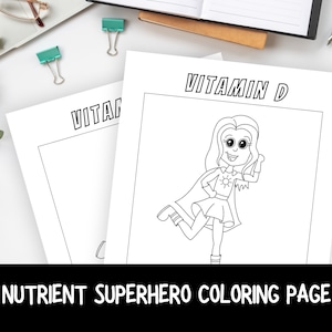 Ernährung Ausmalbild für Kinder | HandIllustrierte Vitamin D Superhelden Aktivität | Druckbare Instant Download
