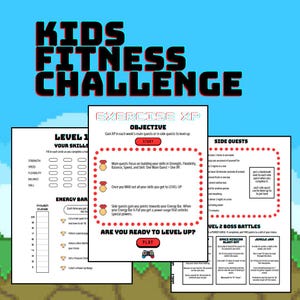 May include: A colourful graphic for a kids fitness challenge. The title "KIDS FITNESS CHALLENGE" is at the top. The image includes text for exercise objectives, side quests, and level boss battles. The background is blue.