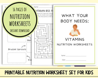 Nutrition Worksheets about Vitamins for Kids | Printable School Activities | Instant Download